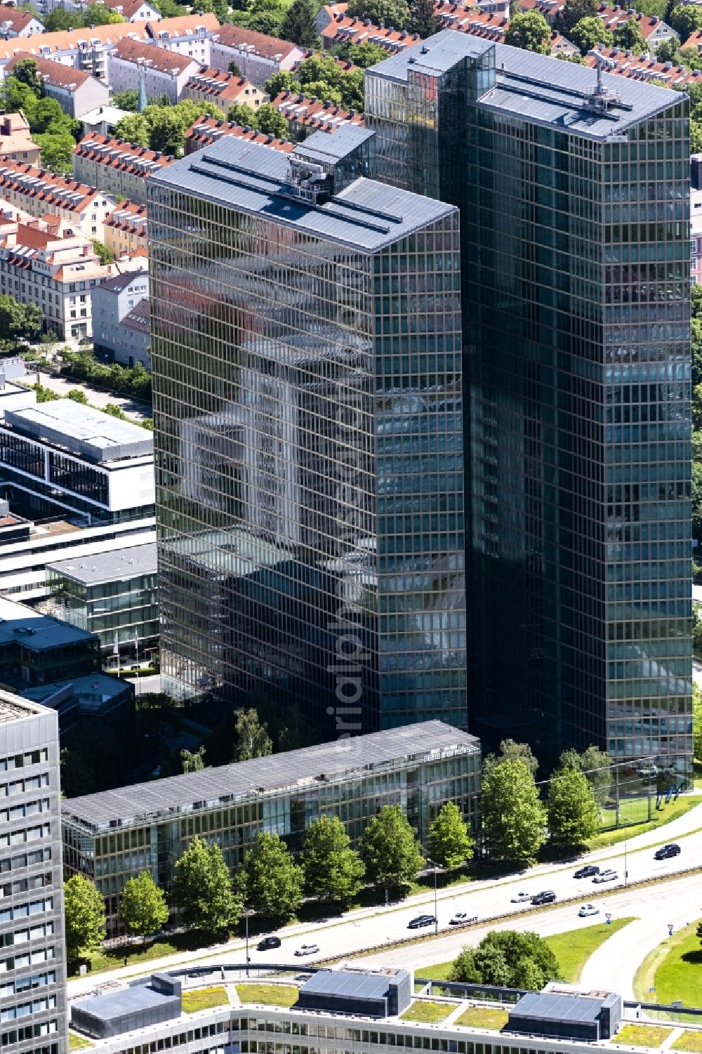 Aerial image München - High-rise building complex HighLight Towers on corner Mies-van-der-Rohe- und Walter-Gropius-Strasse in the district Schwabing-Freimann in Munich in the state Bavaria, Germany