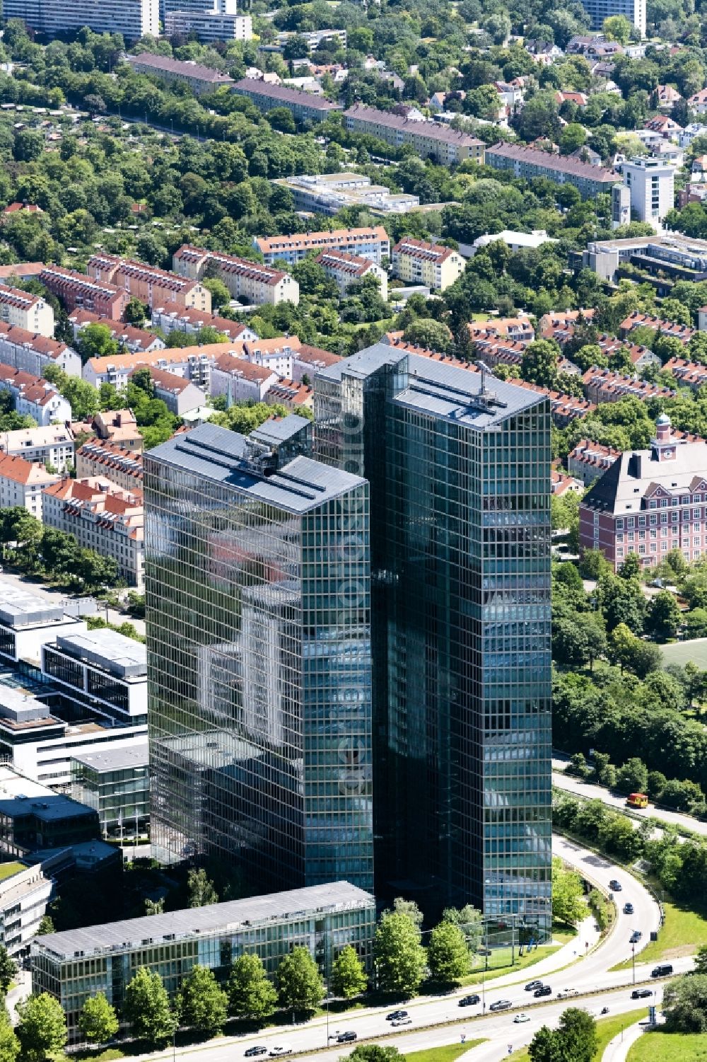 Aerial photograph München - High-rise building complex HighLight Towers on corner Mies-van-der-Rohe- und Walter-Gropius-Strasse in the district Schwabing-Freimann in Munich in the state Bavaria, Germany