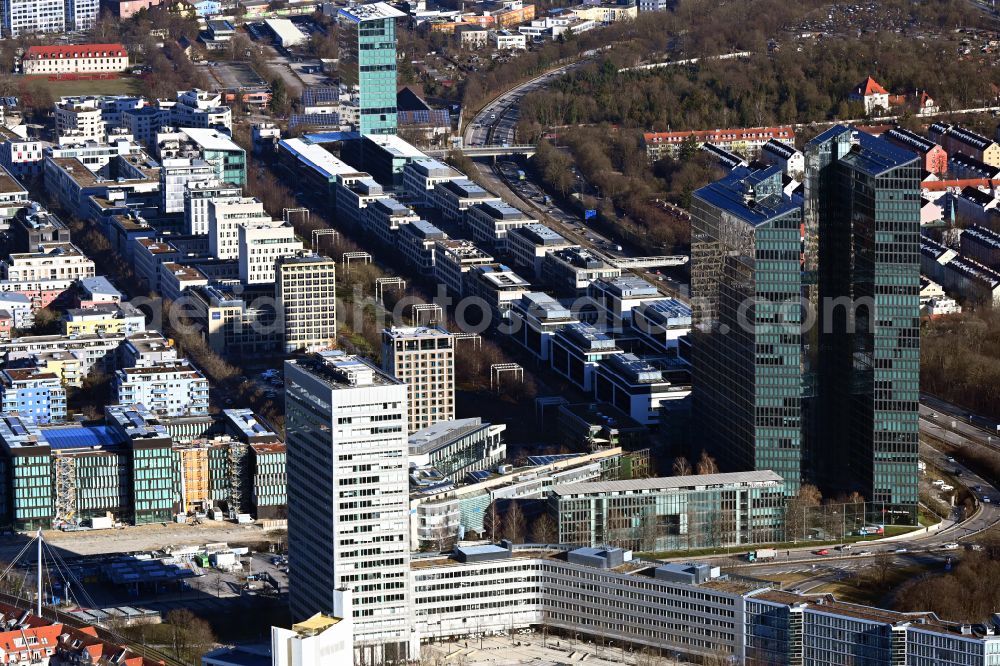 München from above - High-rise building complex HighLight Towers on corner Mies-van-der-Rohe- und Walter-Gropius-Strasse in the district Schwabing-Freimann in Munich in the state Bavaria, Germany