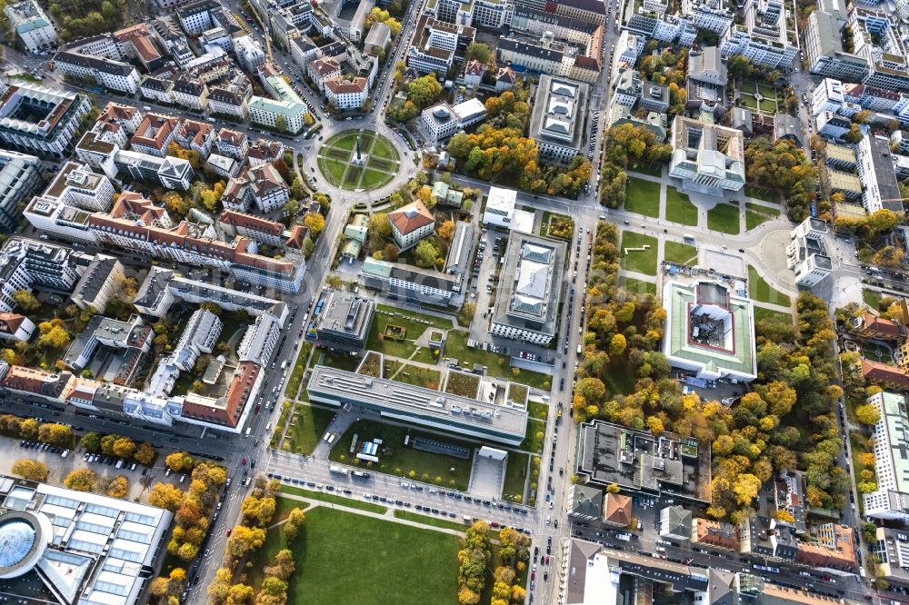 München from the bird's eye view: Building complex of the university Hochschule fuer Fernsehen and Film on place Bernd-Eichinger-Platz in the district Maxvorstadt in Munich in the state Bavaria, Germany