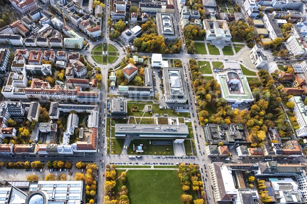 Aerial image München - Building complex of the university Hochschule fuer Fernsehen and Film on place Bernd-Eichinger-Platz in the district Maxvorstadt in Munich in the state Bavaria, Germany