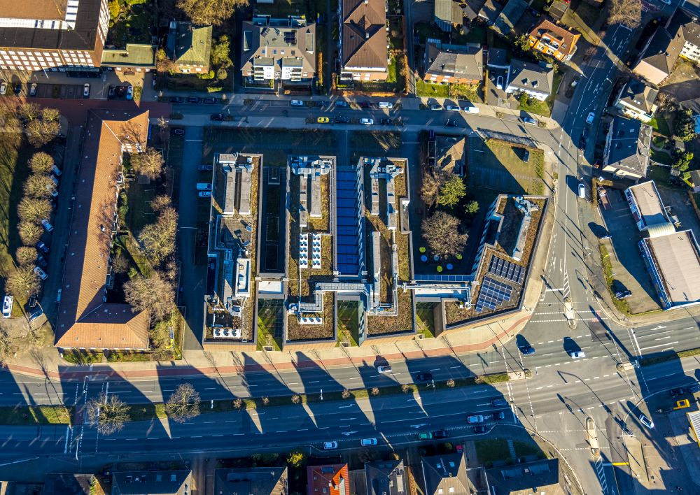 Bottrop from above - building complex of the university Hochschule Ruhr West on Hans-Sachs-Strasse in the district Stadtmitte in Bottrop at Ruhrgebiet in the state North Rhine-Westphalia, Germany