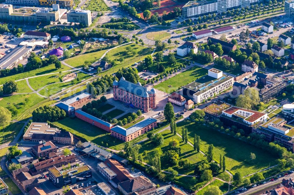 Karlsruhe from above - Building complex of the university for music castle Gottesaue in Karlsruhe in the state Baden-Wuerttemberg