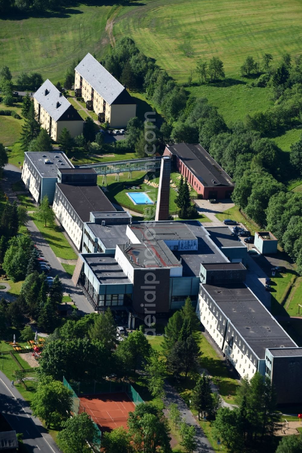 Aerial photograph Altenberg - Complex of the hotel building AHORN Waldhotel Altenberg (ex. Stephanshoehe) on Hauptstrasse in the district Schellerhau in Altenberg in the state Saxony, Germany