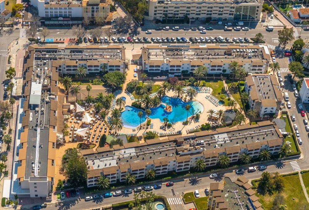 Aerial image Port d'Alcúdia - Complex of the hotel building AlcA?dia Garden Aparthotel in Port d'Alcudia in Balearic island of Mallorca, Spain