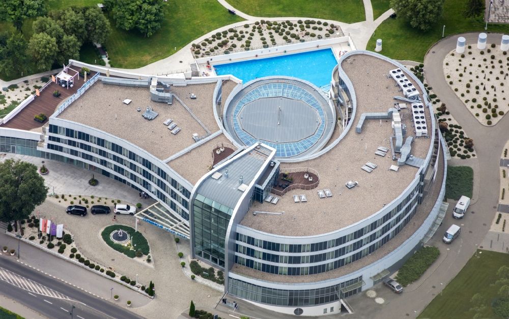 Torun from above - Complex of the hotel building Basen Copernicus Hotel in Torun in Kujawsko-Pomorskie, Poland