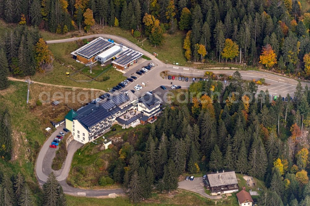Aitern from above - Complex of the hotel building Belchenhotel Jaegerstueble and Talstation of Belchenbahn in Aitern in the state Baden-Wuerttemberg, Germany