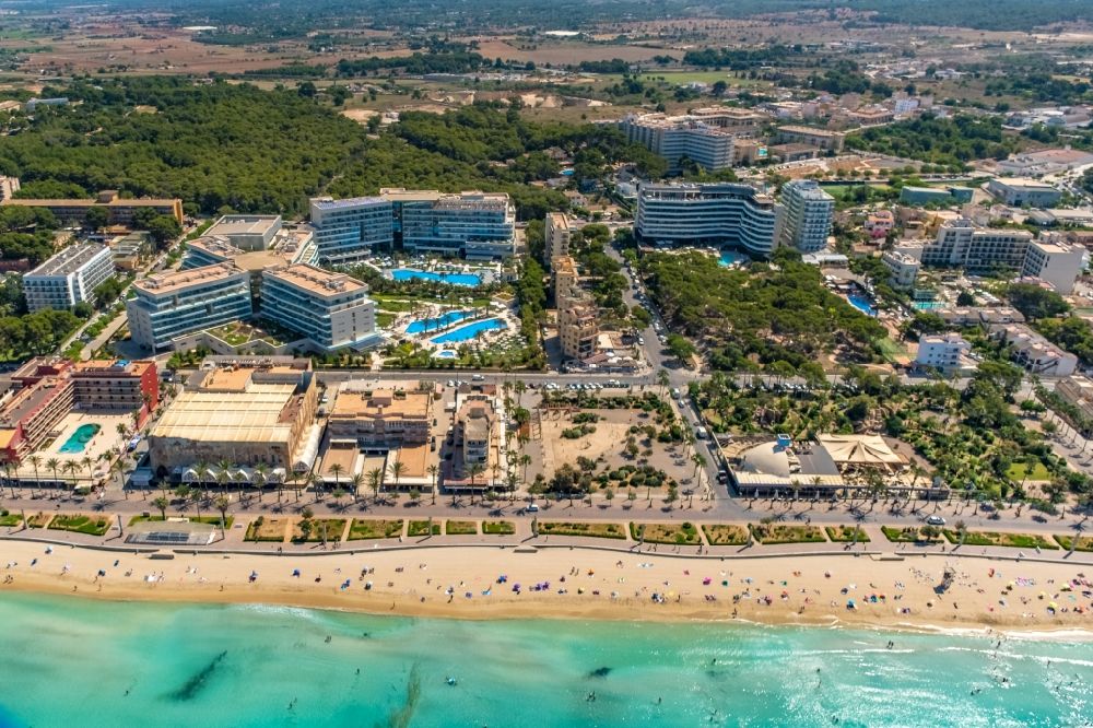 Palma from the bird's eye view: Complex of the hotel building Hipotels Gran Playa de Palma and Hipotels Playa de Palma Palace between Avinguda de Fra Joan Llabres and Carrer del Llauet in the district Platja de Palma in Palma in Balearic island of Mallorca, Spain