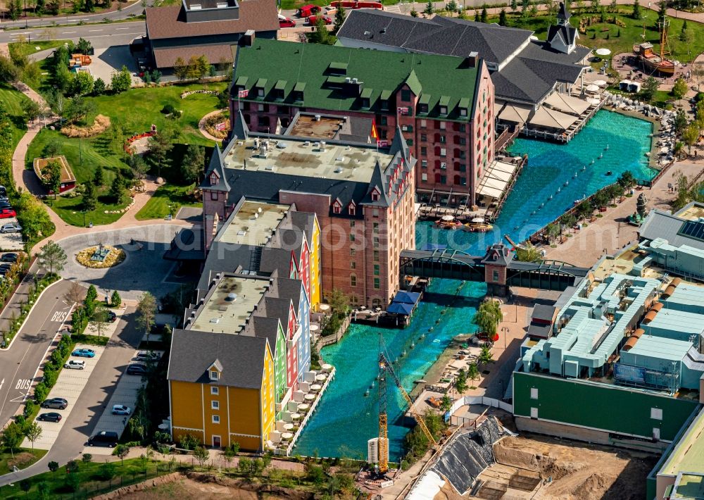 Rust from the bird's eye view: Complex of the hotel building Konasar Europa-Park Resort in Rust in the state Baden-Wuerttemberg, Germany