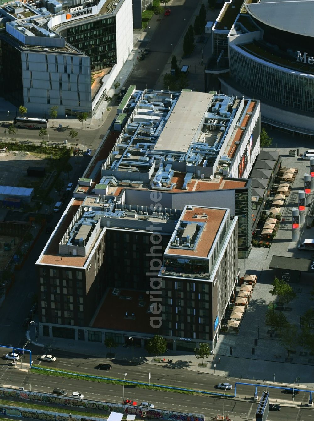Berlin from above - Complex of the hotel building on Mildred-Harnack-Strasse - Muehlenstrasse in the district Friedrichshain in Berlin, Germany