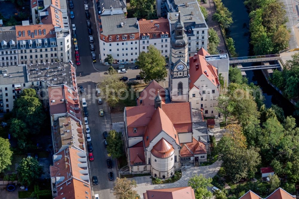 Leipzig from the bird's eye view: Complex of the hotel building PHILIPPUS Leipzig Inklusionshotel in on Aurelienstrasse in the district Lindenau in Leipzig in the state Saxony, Germany
