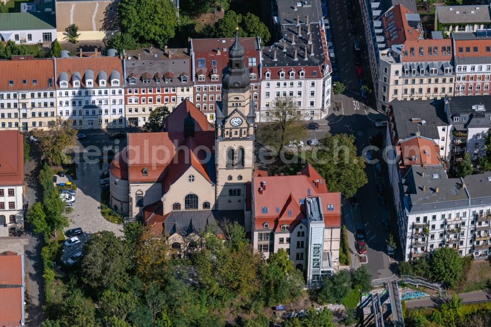 Leipzig from above - Complex of the hotel building PHILIPPUS Leipzig Inklusionshotel in on Aurelienstrasse in the district Lindenau in Leipzig in the state Saxony, Germany
