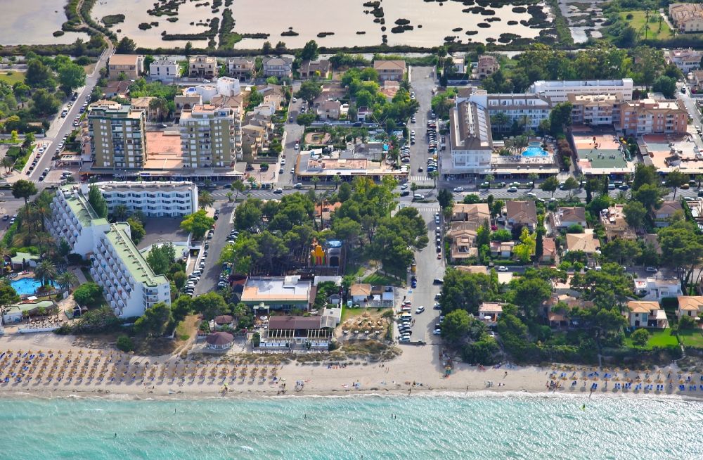 Muro from the bird's eye view: Complex of a hotel building at the Platja de Muro in Mallorca in Balearic Islands, Spain