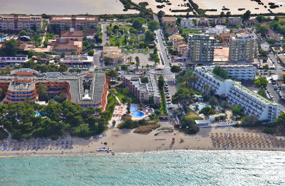 Aerial image Muro - Complex of a hotel building at the Platja de Muro in Mallorca in Balearic Islands, Spain