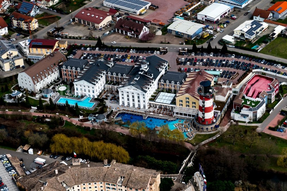 Aerial photograph Rust - Complex of the hotel building Resort Bell Rock in Europa-Park in Rust in the state Baden-Wuerttemberg, Germany