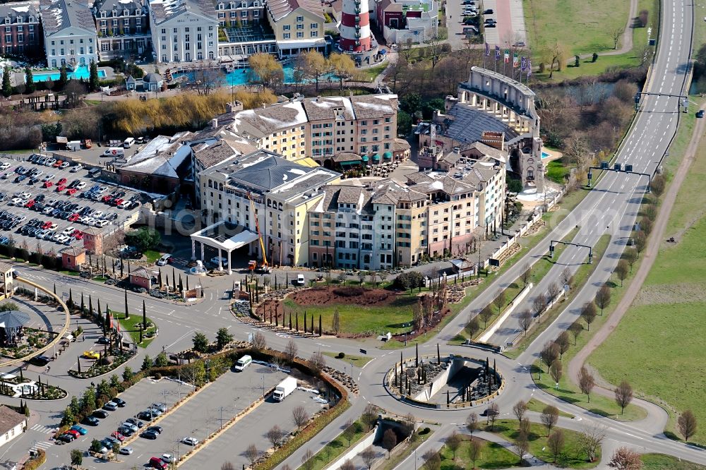 Aerial image Rust - Complex of the hotel building Resort colosseo Europa-Park in Rust in the state Baden-Wuerttemberg, Germany