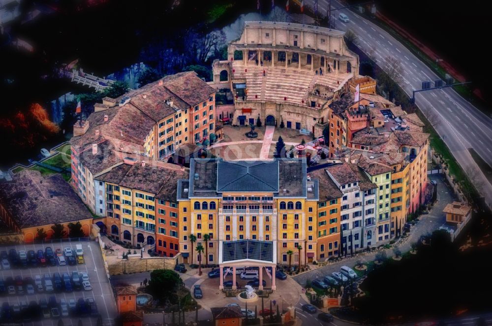 Aerial photograph Rust - Complex of the hotel building Resort colosseo Europa-Park in Rust in the state Baden-Wurttemberg, Germany