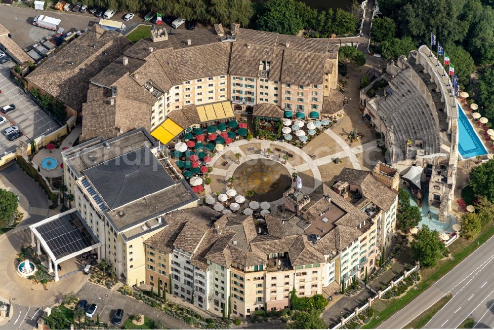 Rust from the bird's eye view: Complex of the hotel building Resort colosseo Europa-Park in Rust in the state Baden-Wuerttemberg, Germany