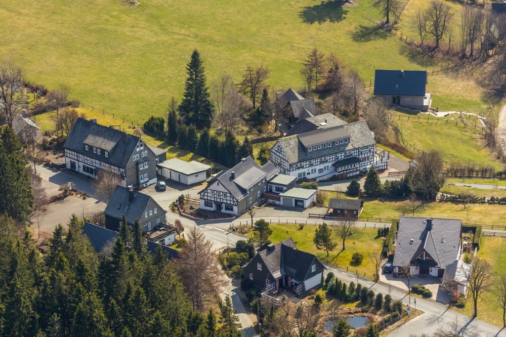 Aerial photograph Schmallenberg - Complex of the hotel building Schanzer Landschafts-Gasthaus Braeutigam-Hanses on Schanze in Schmallenberg in the state North Rhine-Westphalia, Germany