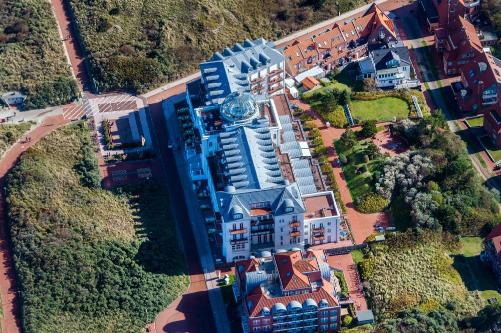 Juist from above - Complex of the hotel building Strandhotel Kurhaus Juist in Juist in the state Lower Saxony, Germany