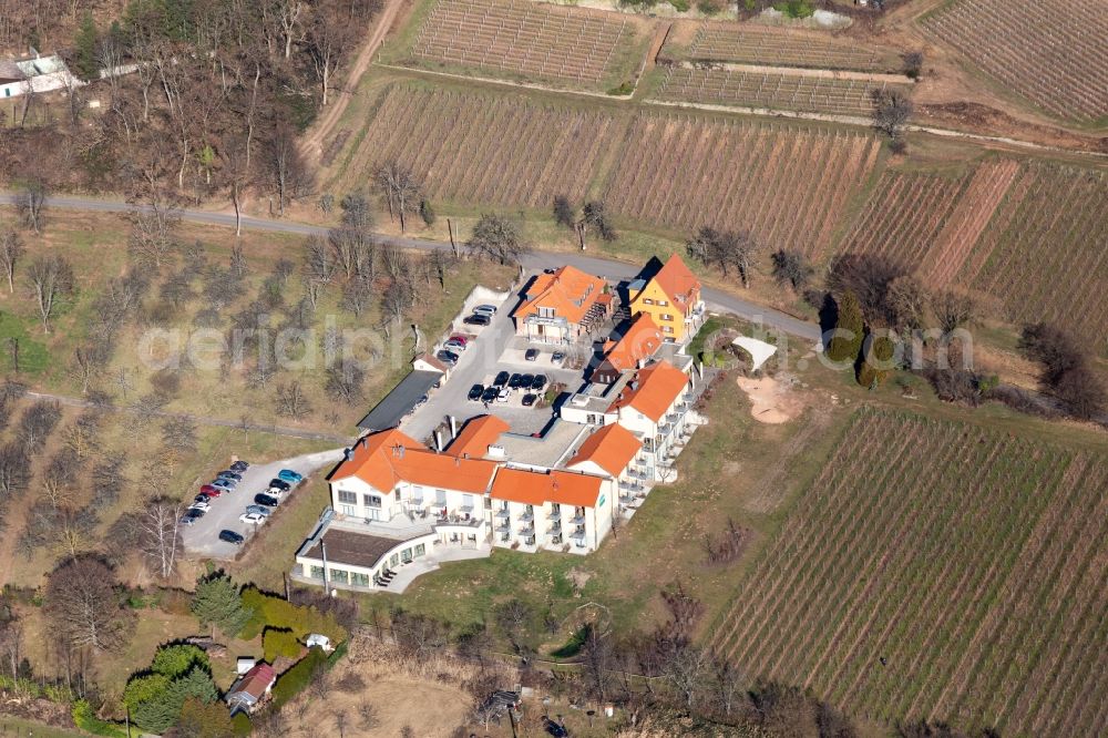 Rhodt unter Rietburg from above - Complex of the hotel building Wohlfuehlhotel Alte Rebschule and Gasthaus Sesel in Rhodt unter Rietburg in the state Rhineland-Palatinate, Germany