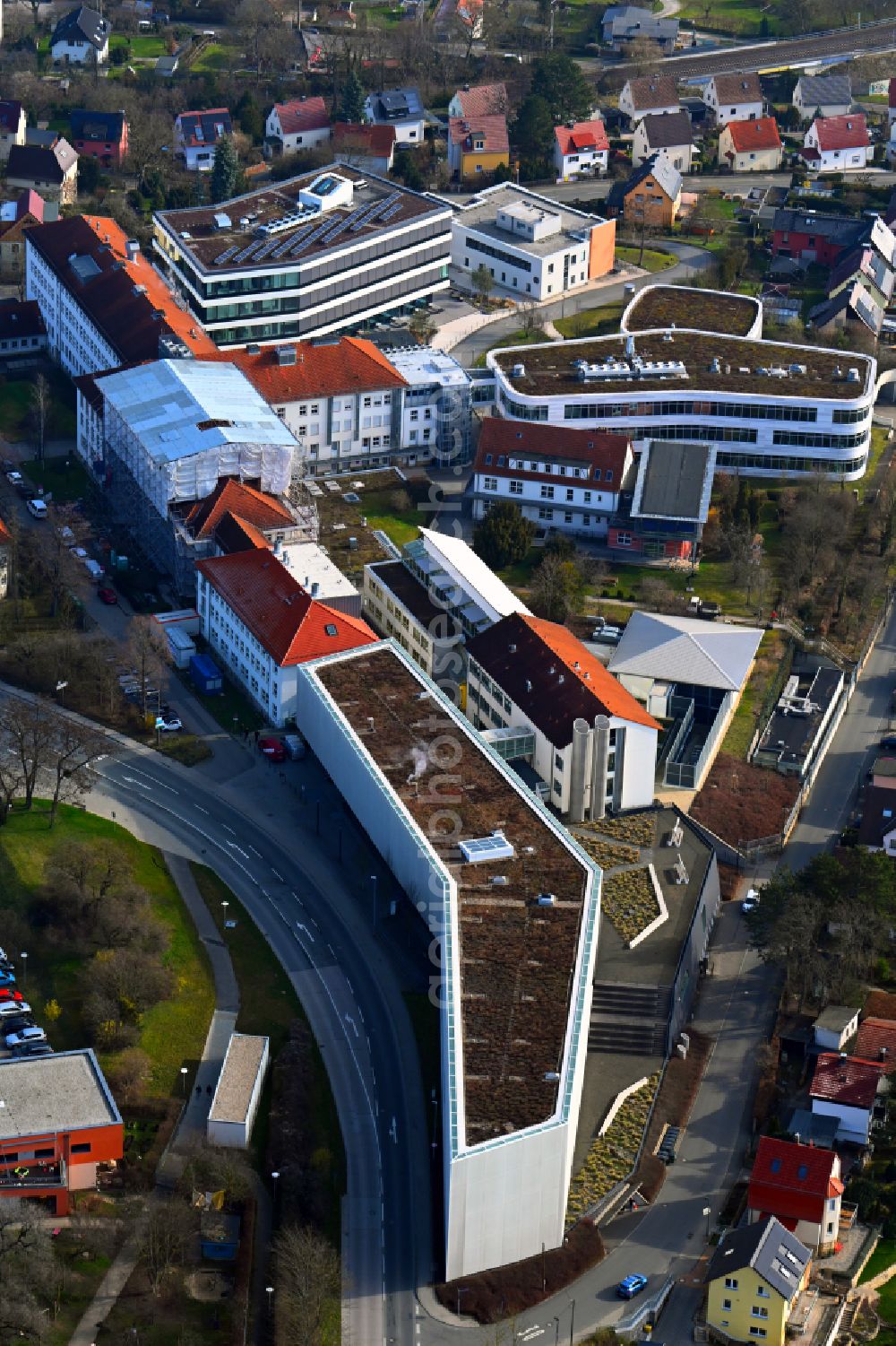 Jena from above - Building complex of the Institute Leibniz-Institut fuer Alternsforschung - Fritz-Lipmann- Institut e.V. on street Beutenbergstrasse in the district Winzerla in Jena in the state Thuringia, Germany