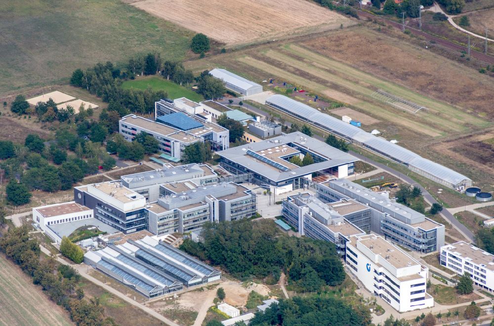 Potsdam from the bird's eye view: Building complex of the Institute Max-Planck-Institut - Fraunhofer on street Am Muehlenberg in the district Golm in Potsdam in the state Brandenburg, Germany
