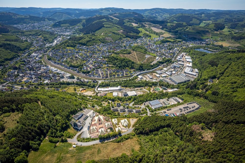 Lennestadt from above - Building complex of the Institute of Wolfgang Schmidt e.K. and of Rayonex Biomedical GmbH with the Sauerland-Pyramids and the Galileo-Park in the district Meggen in Lennestadt in the state North Rhine-Westphalia, Germany. The plans for the Sauerland pyramids were designed by the architect Harry Lechler