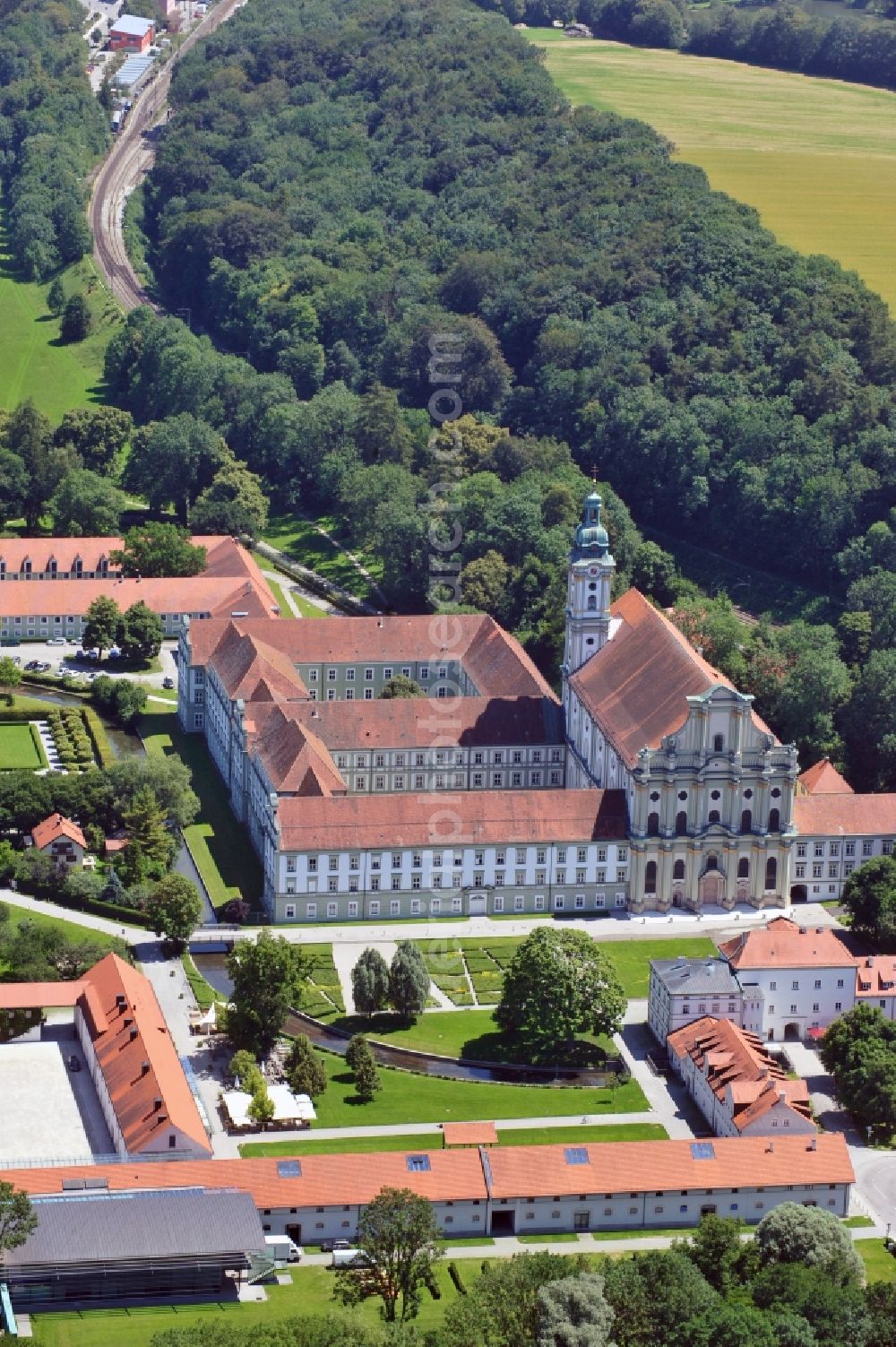 Aerial image Fürstenfeldbruck - Complex of buildings of the monastery Fuerstenfeld in Fuerstenfeldbruck in the state Bavaria, Germany