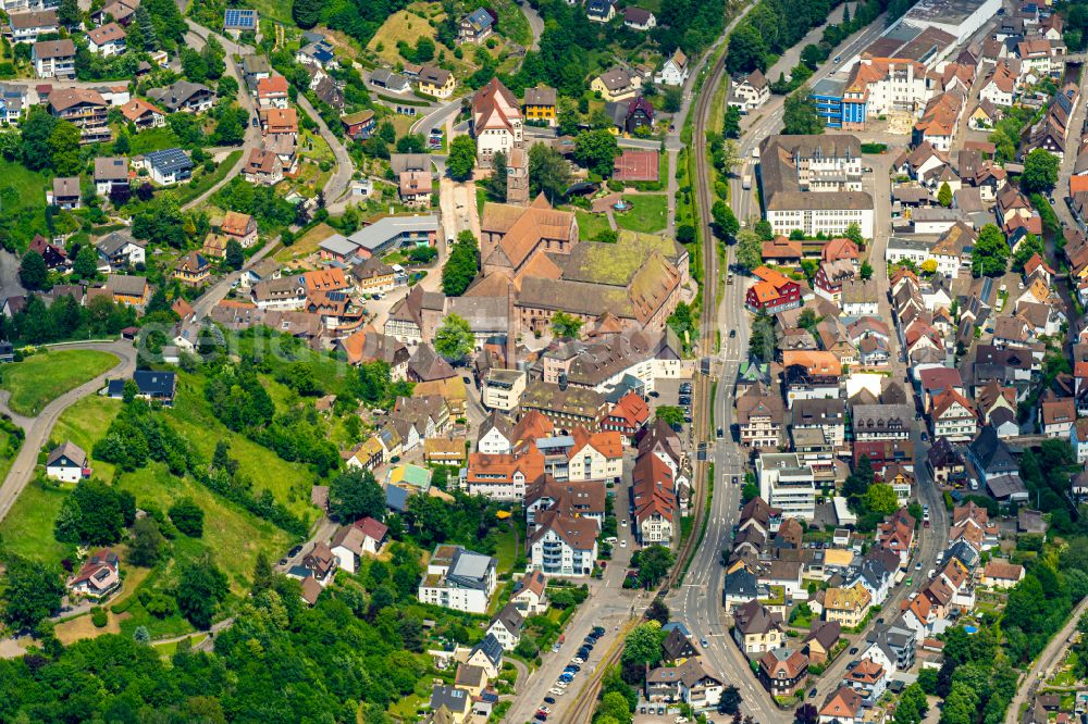 Alpirsbach from above - Complex of buildings of the monastery and Traditions Brauerei in Alpirsbach in the state Baden-Wuerttemberg, Germany