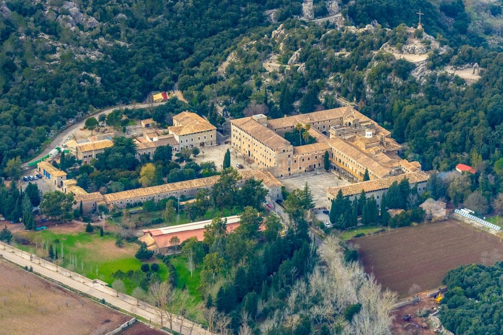 Escorca from above - Complex of buildings of the monastery Santuari de Lluc in Escorca in Balearic island of Mallorca, Spain