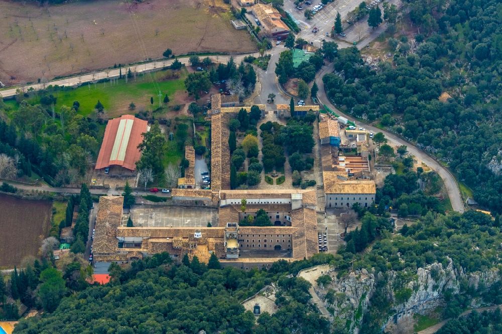 Aerial photograph Escorca - Complex of buildings of the monastery Santuari de Lluc in Escorca in Balearic island of Mallorca, Spain