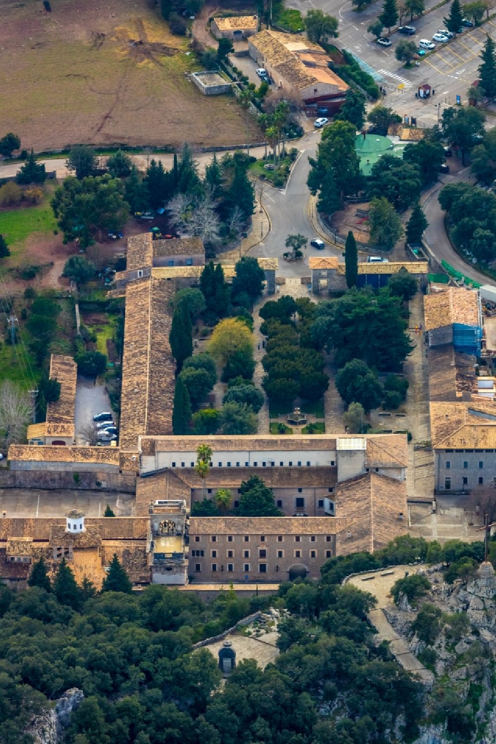 Escorca from above - Complex of buildings of the monastery Santuari de Lluc in Escorca in Balearic island of Mallorca, Spain