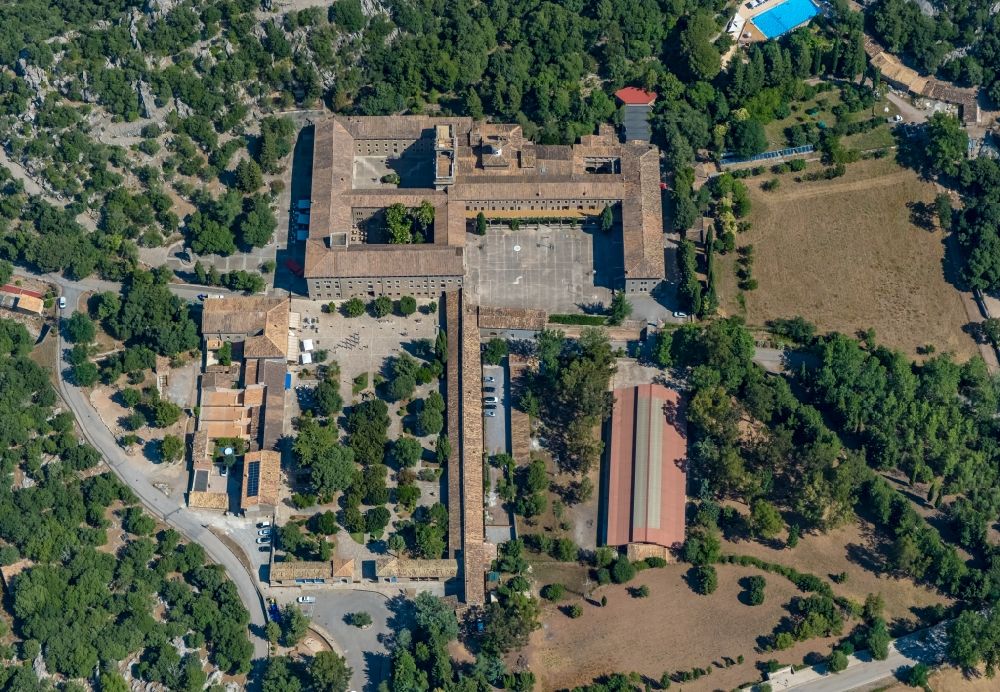 Aerial photograph Escorca - Complex of buildings of the monastery Santuari de Lluc in Escorca at Serra de Tramuntana in Balearic island of Mallorca, Spain