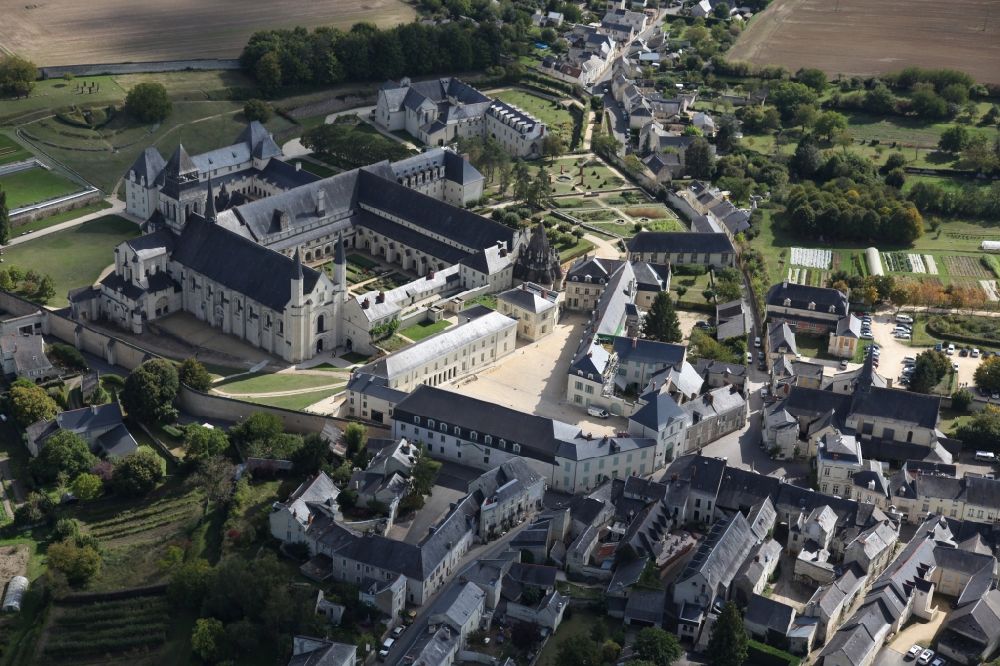 Fontevraud l'Abbaye from the bird's eye view: Complex of buildings of the monastery Fontevraud in Fontevraud l'Abbaye in Pays de la Loire, France. The Abbaye Royale de Fontevraud, a royal abbey, was a mixed monastery founded around the year 1100. It is the largest monastic building in Europe