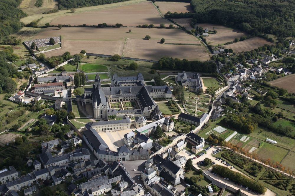 Fontevraud l'Abbaye from above - Complex of buildings of the monastery Fontevraud in Fontevraud l'Abbaye in Pays de la Loire, France. The Abbaye Royale de Fontevraud, a royal abbey, was a mixed monastery founded around the year 1100. It is the largest monastic building in Europe