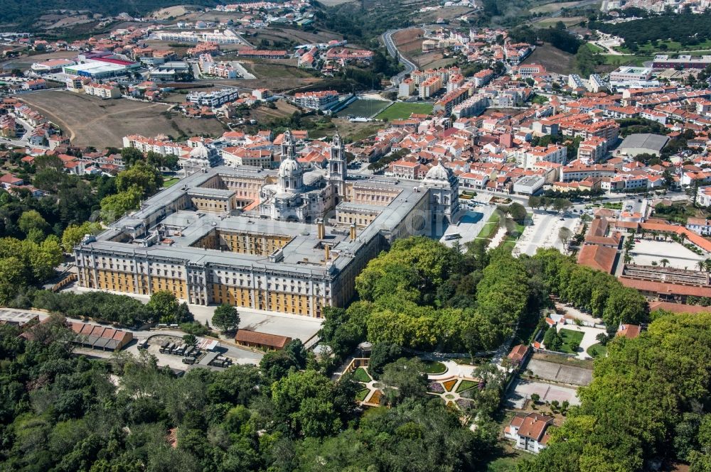 Aerial image Mafra - Complex of buildings of the monastery Palacio Nacional de Mafra Terreiro D. Joao V in Mafra in Lisbon, Portugal