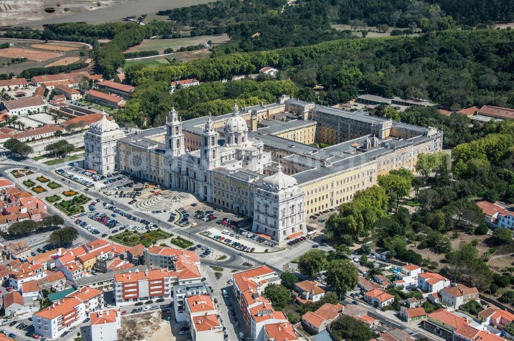 Mafra from above - Complex of buildings of the monastery Palacio Nacional de Mafra Terreiro D. Joao V in Mafra in Lisbon, Portugal