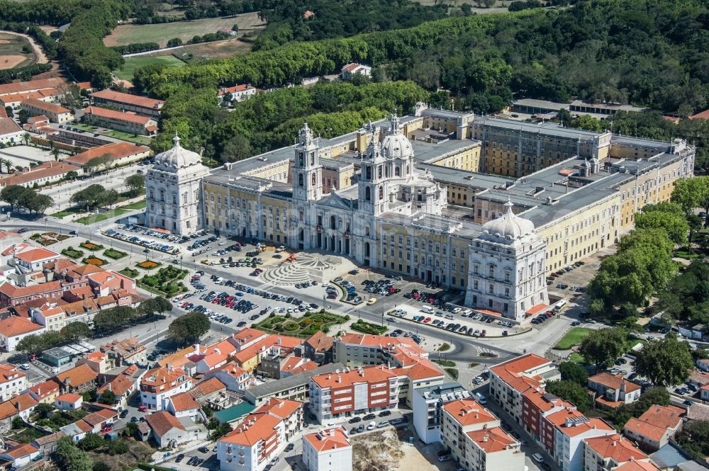 Mafra from the bird's eye view: Complex of buildings of the monastery Palacio Nacional de Mafra Terreiro D. Joao V in Mafra in Lisbon, Portugal