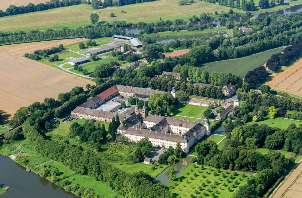 Aerial image Höxter - Complex of buildings of the monastery and Weltkulturerbe Schloss Corvey in the district Corvey in Hoexter in the state North Rhine-Westphalia, Germany