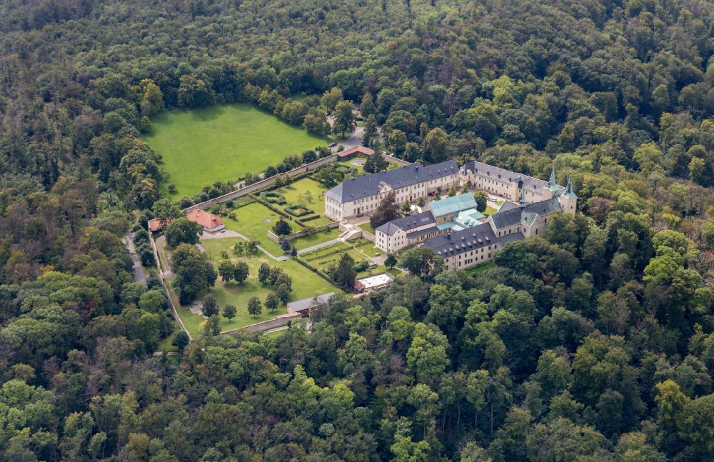Aerial image Huy - Complex of buildings of the monastery Benediktinerkloster Huysburg in the district Dingelstedt in Huy in the state Saxony-Anhalt, Germany