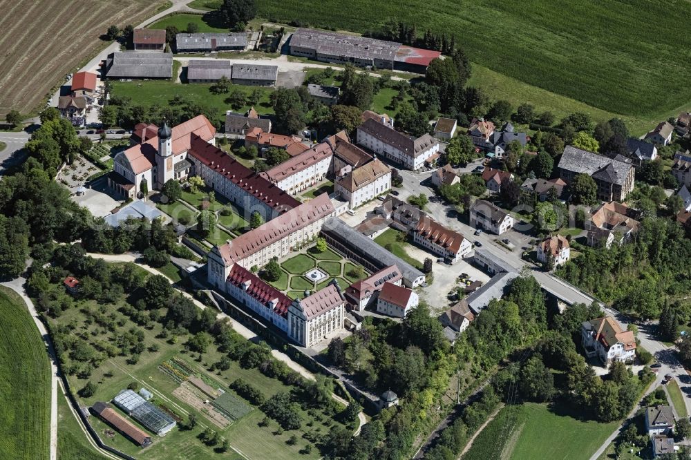 Beuron from above - Complex of buildings of the monastery Benediktiner Erzabtei St. Martin on Abteistrasse in the district Langenbrunn in Beuron in the state Baden-Wuerttemberg