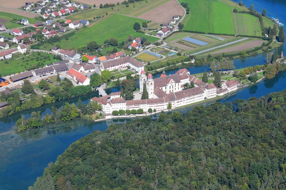 Rheinau from above - Complex of buildings of the monastery Rheinau at the river Rhine in Rheinau in the canton Zurich, Switzerland