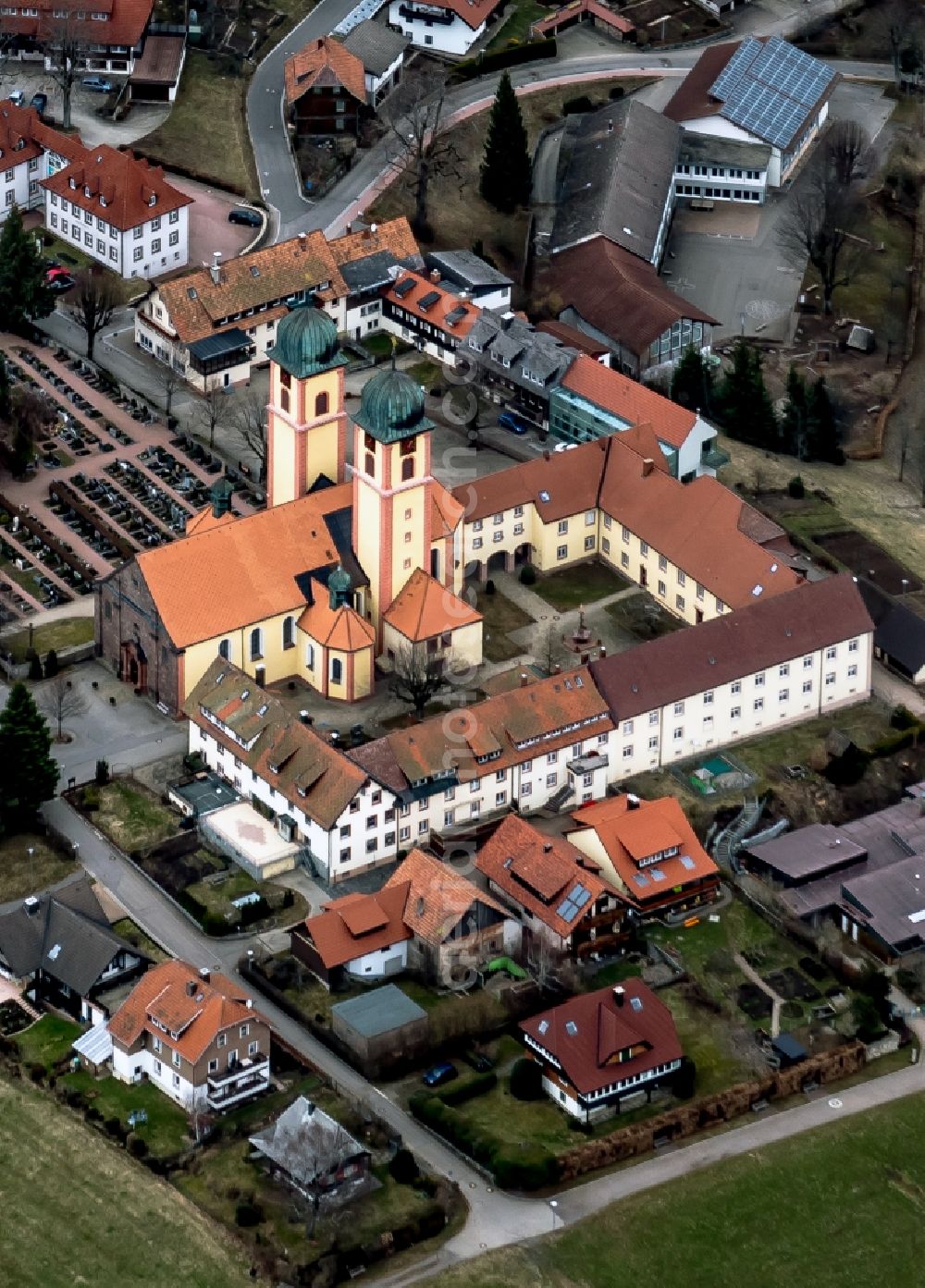Sankt Märgen from above - Complex of buildings of the monastery Sankt Maergen in Sankt Maergen in the state Baden-Wuerttemberg, Germany