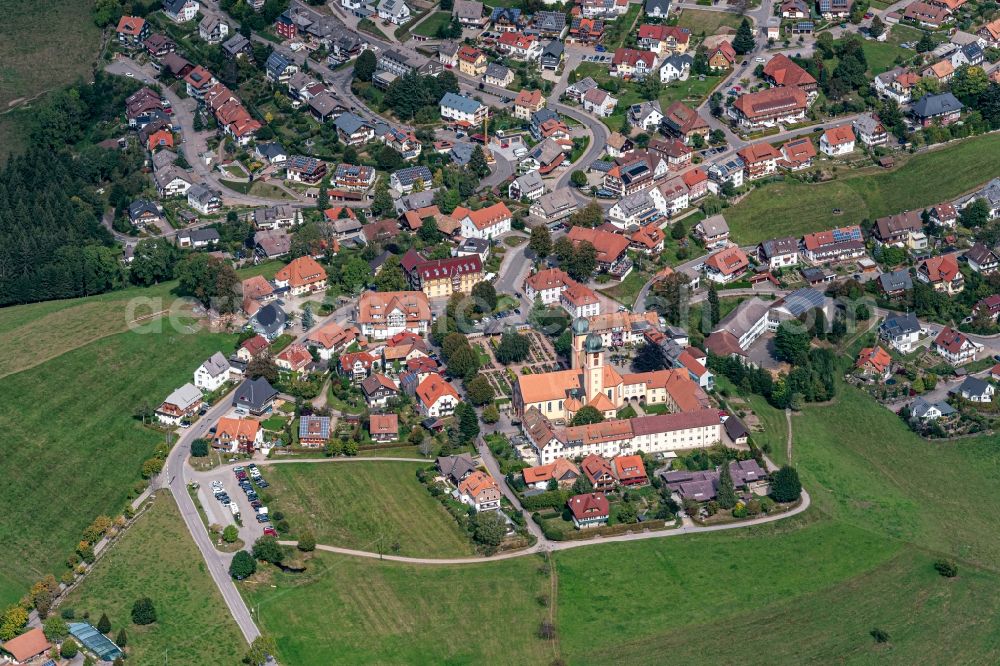 Sankt Märgen from above - Complex of buildings of the monastery and Ort in Sankt Maergen in the state Baden-Wurttemberg, Germany