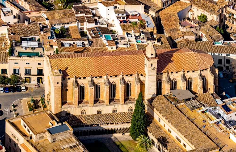 Aerial image Palma - Complex of buildings of the Convent de Sant Francesc monastery between Placa de Sant Francesc and Placa de Quadrado in Palma in Balearic Island Mallorca, Spain