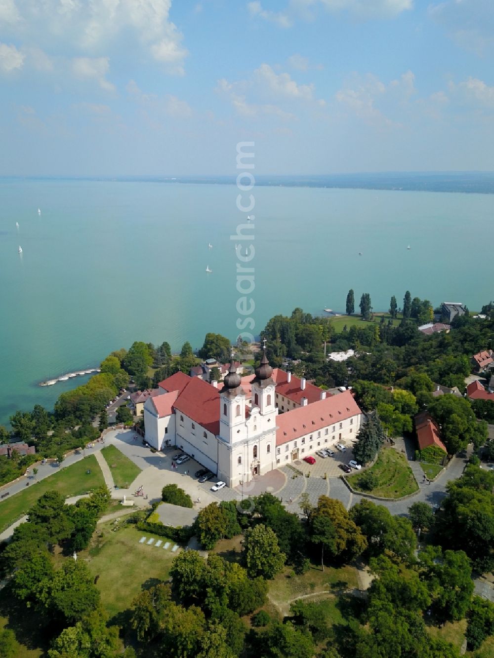 Aerial photograph Tihany - Complex of buildings of the monastery Abtei in Tihany in Wesprim, Hungary