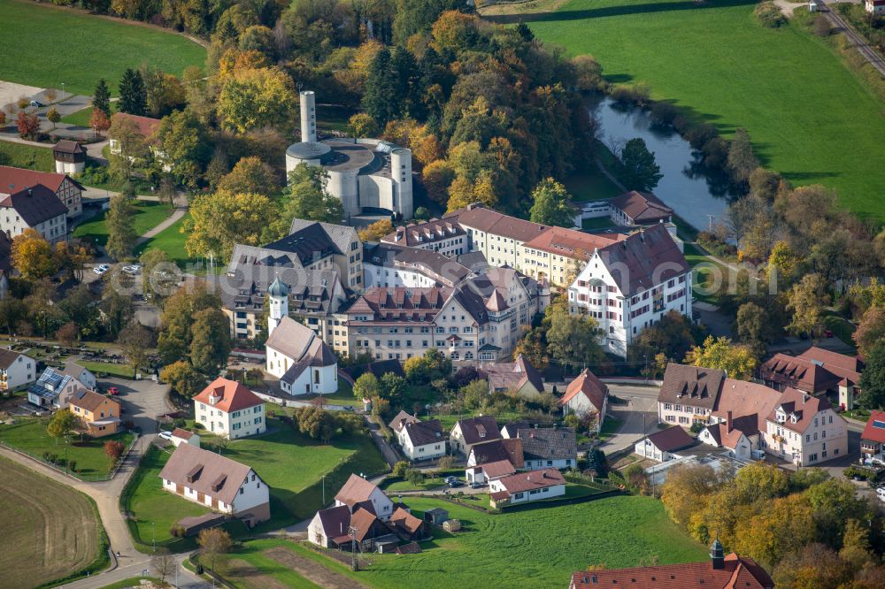 Untermarchtal from above - Complex of buildings of the monastery Untermarchtal at the river Danube in Untermarchtal in the state Baden-Wurttemberg, Germany