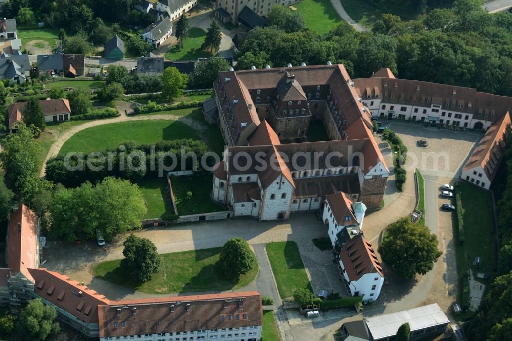 Wechselburg from above - Complex of buildings of the monastery of Wechselburg in the state of Saxony. The benedictine compound includes a late-romanic Basilika. The church is parochial church and a place of pilgrimage