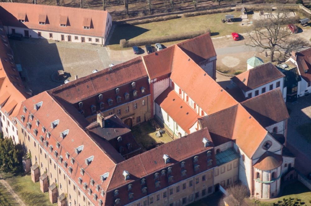 Wechselburg from the bird's eye view: Complex of buildings of the monastery of Wechselburg in the state of Saxony. The benedictine compound includes a late-romanic Basilika. The church is parochial church and a place of pilgrimage